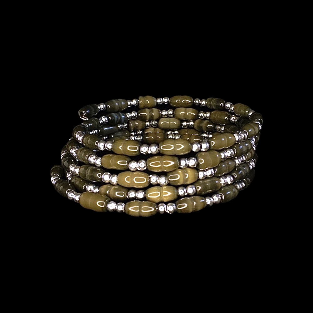 Vintage Camo Green & Silver Bead Wrap Bracelet